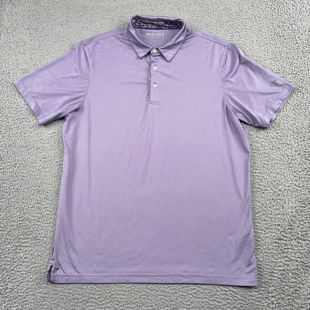 MAELREG Polo Mens Large Purple Performance Short Sleeve Golf Stretch Floral Trim